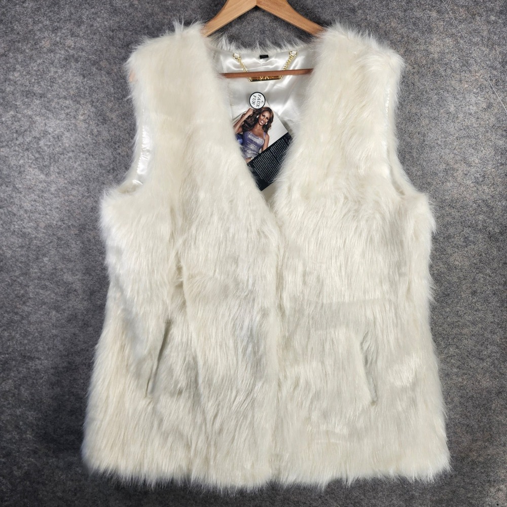 IMAN Faux Fur Vest Women XL White Plush Glam Winter Layering Pockets Couture NEW